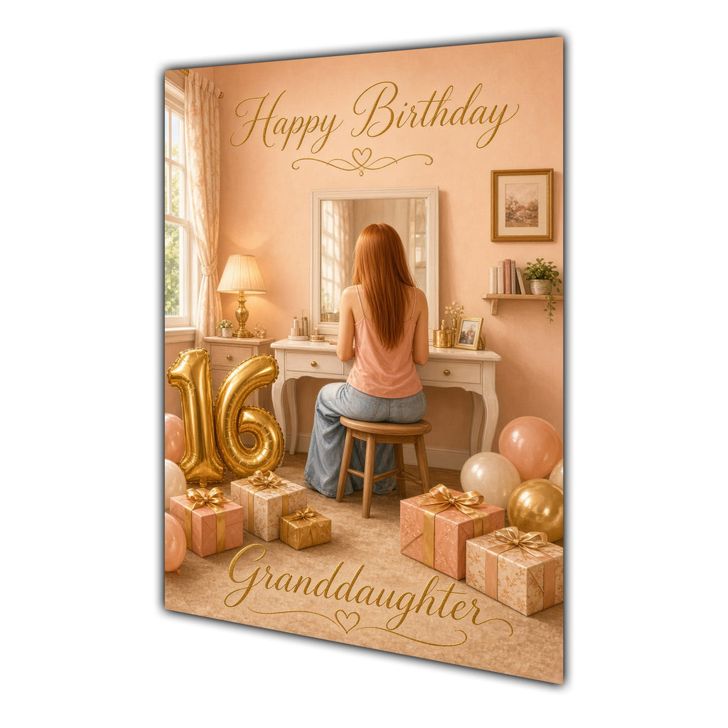 Happy 16th Birthday Peach Gold Vanity Greeting Card A5