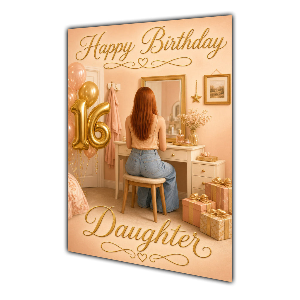 Happy 16th Birthday Peach Gold Vanity Greeting Card A5