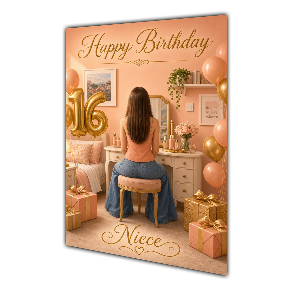 Happy 16th Birthday Peach Gold Vanity Greeting Card A5