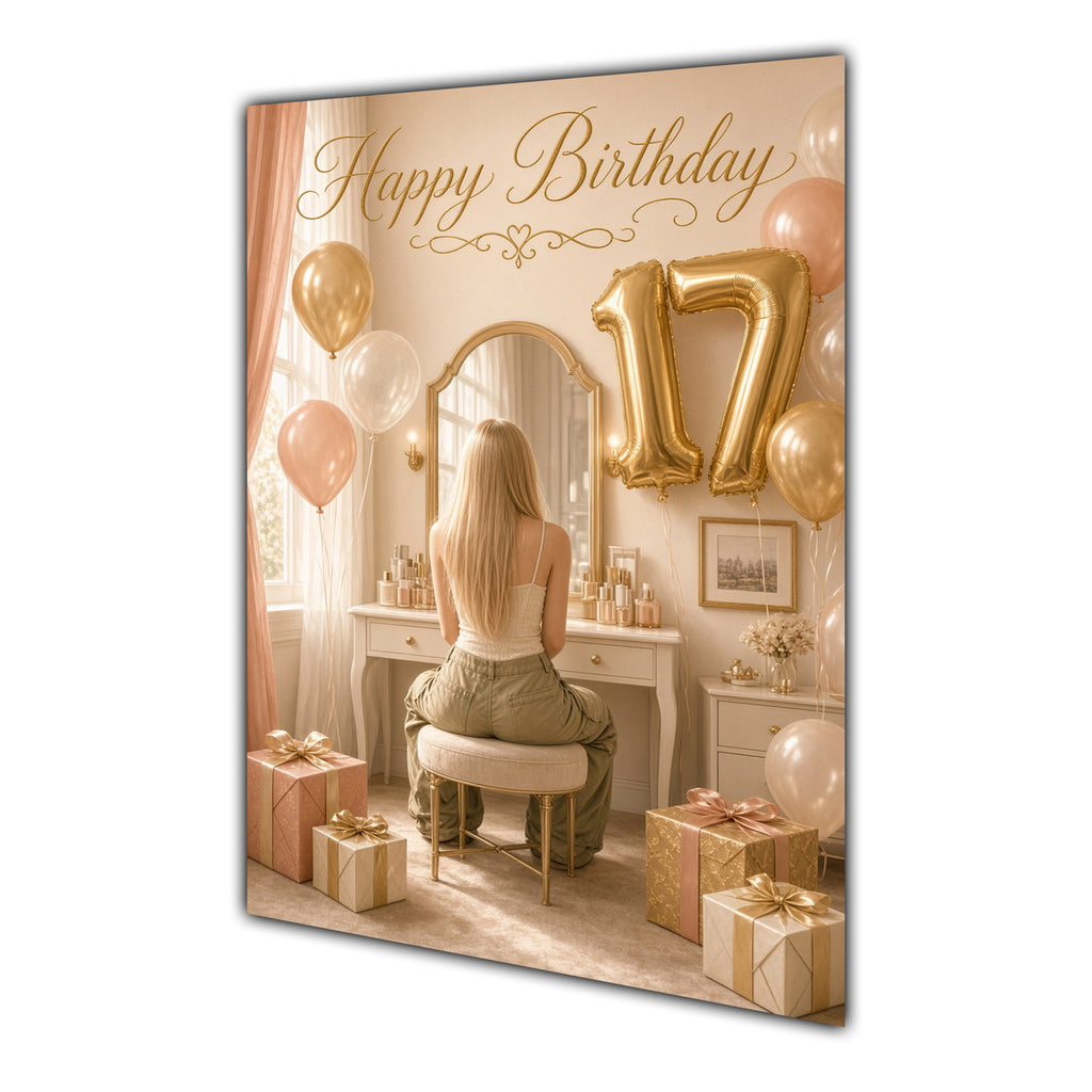 Happy 17th Birthday Peach Gold Vanity Greeting Card A5