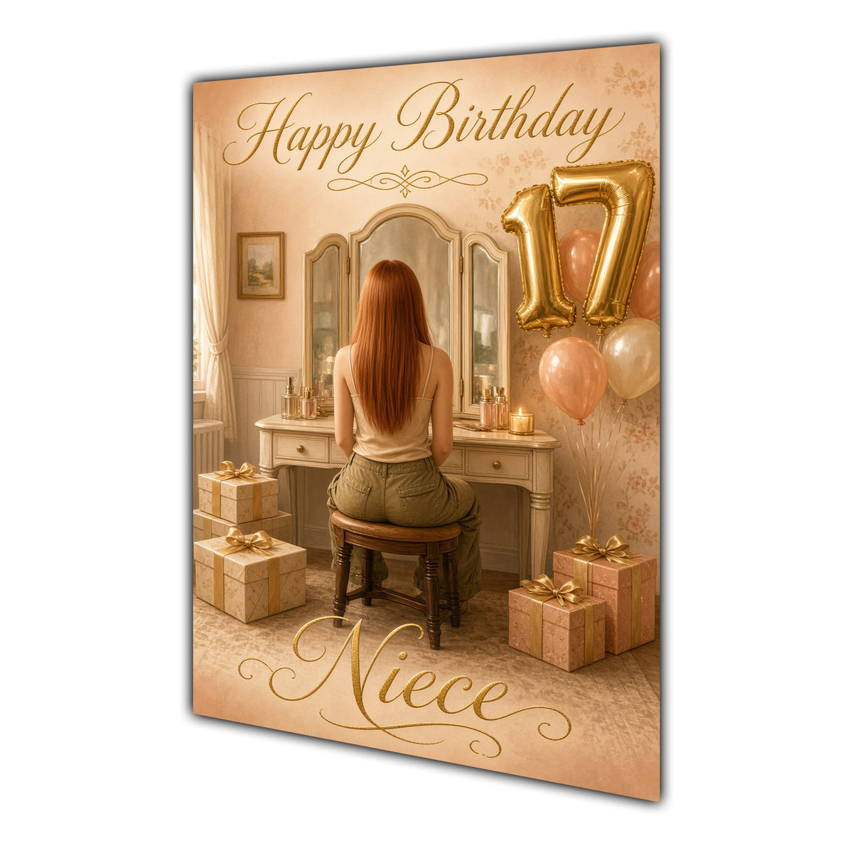 Happy 17th Birthday Peach Gold Vanity Greeting Card A5
