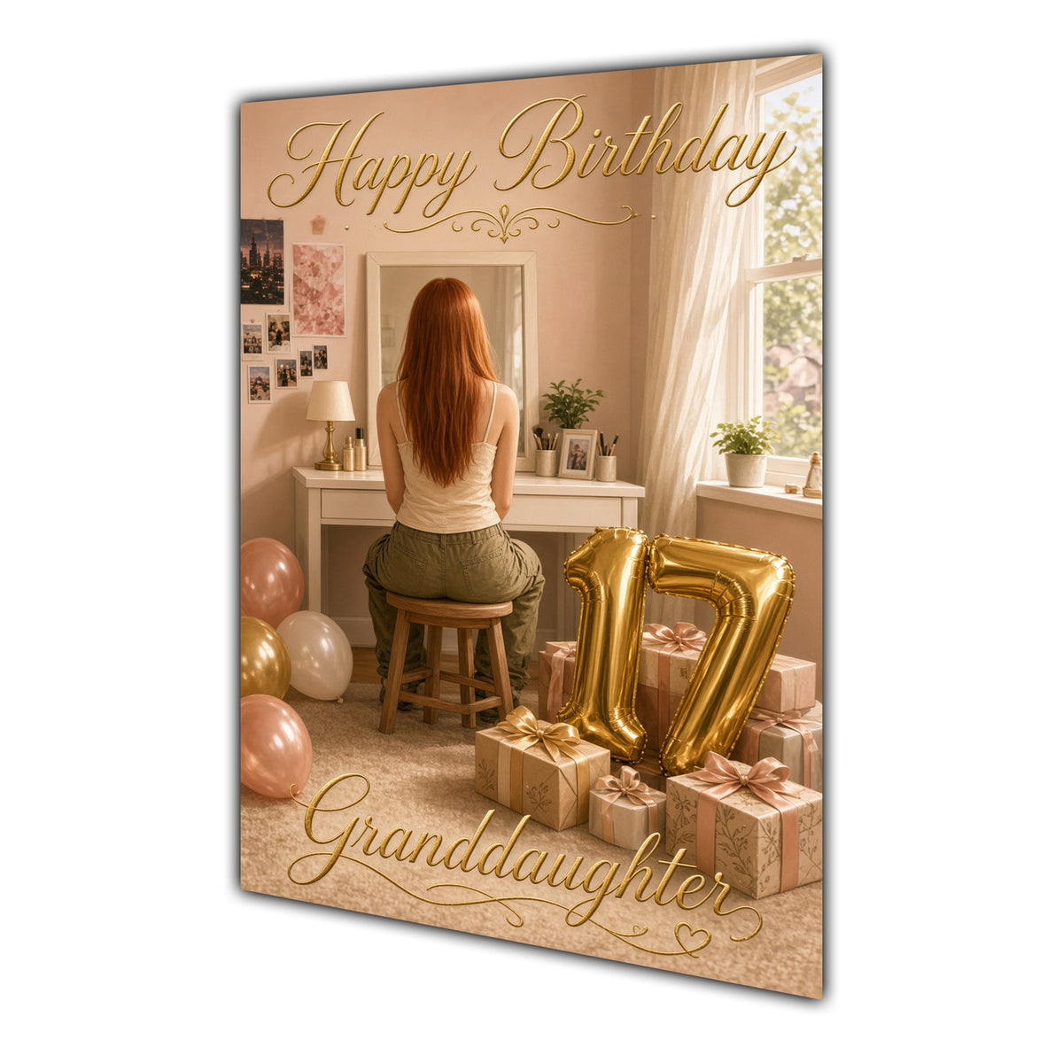 Happy 17th Birthday Peach Gold Vanity Greeting Card A5