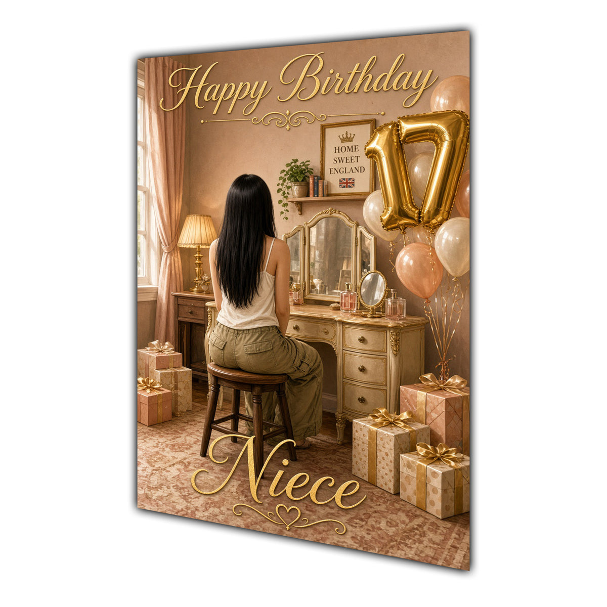 Happy 17th Birthday Peach Gold Vanity Greeting Card A5