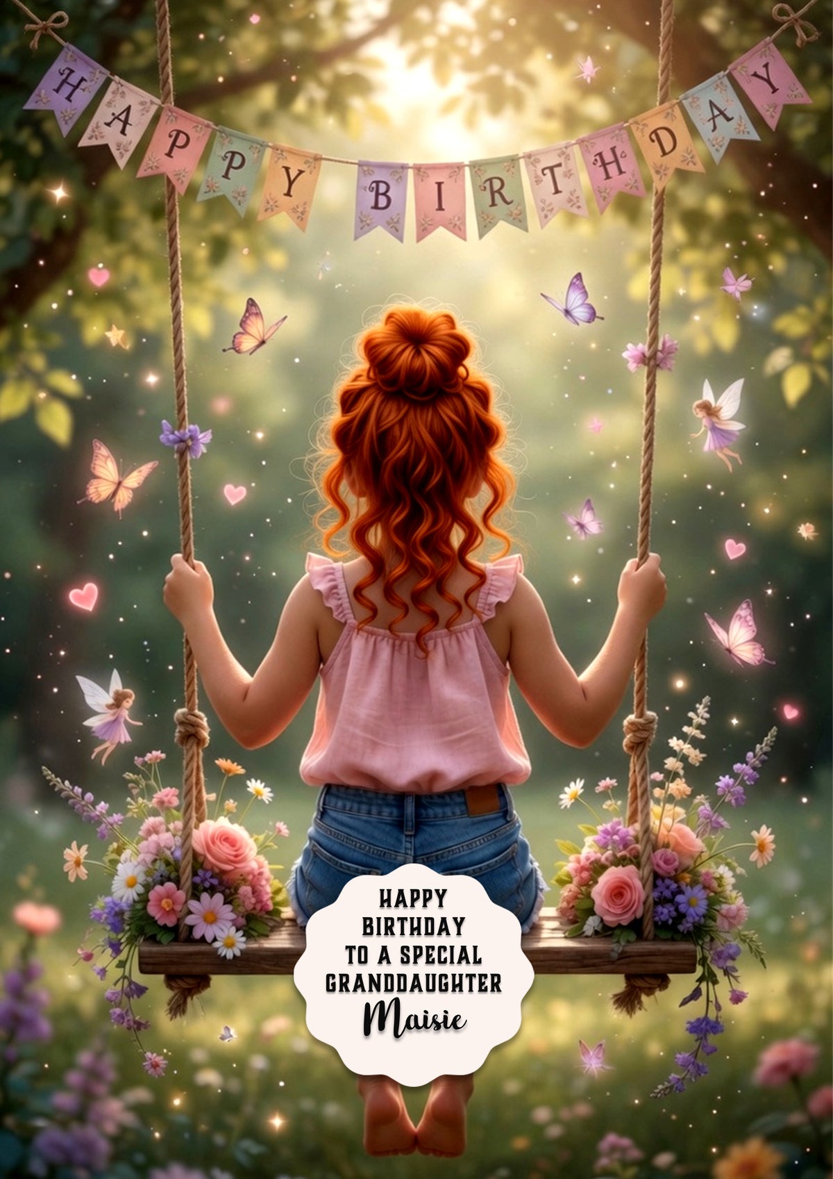 Personalised Birthday Card - Girl on a Flower Swing - Ginger Hair