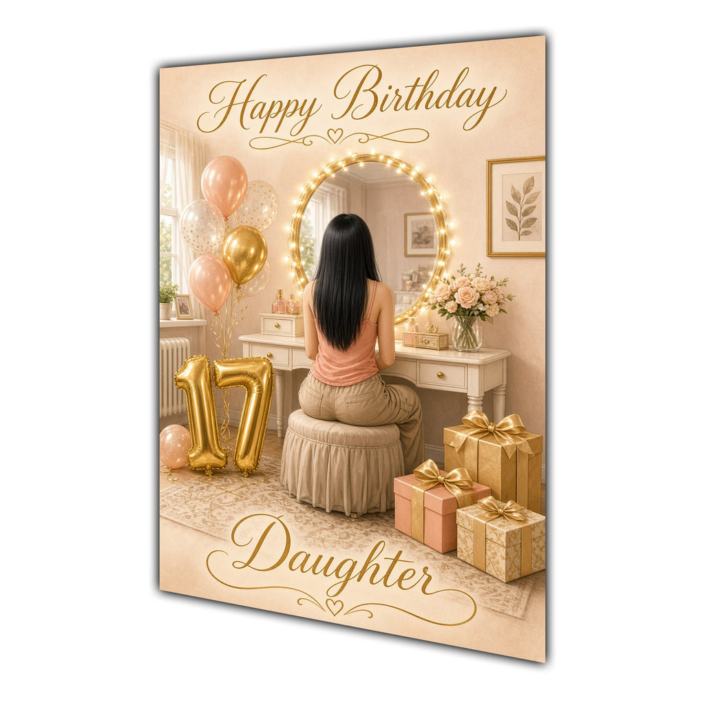 Happy 17th Birthday Peach Gold Vanity Greeting Card A5