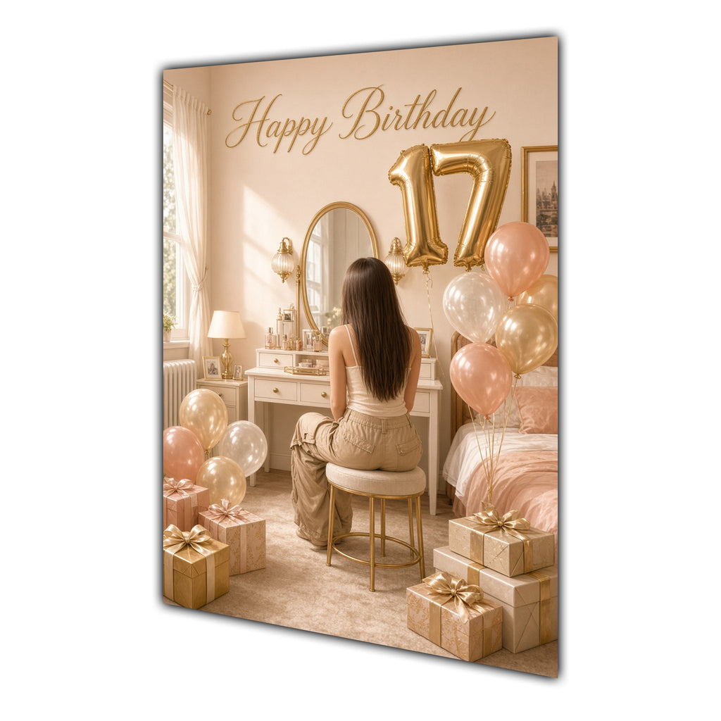 Happy 17th Birthday Peach Gold Vanity Greeting Card A5