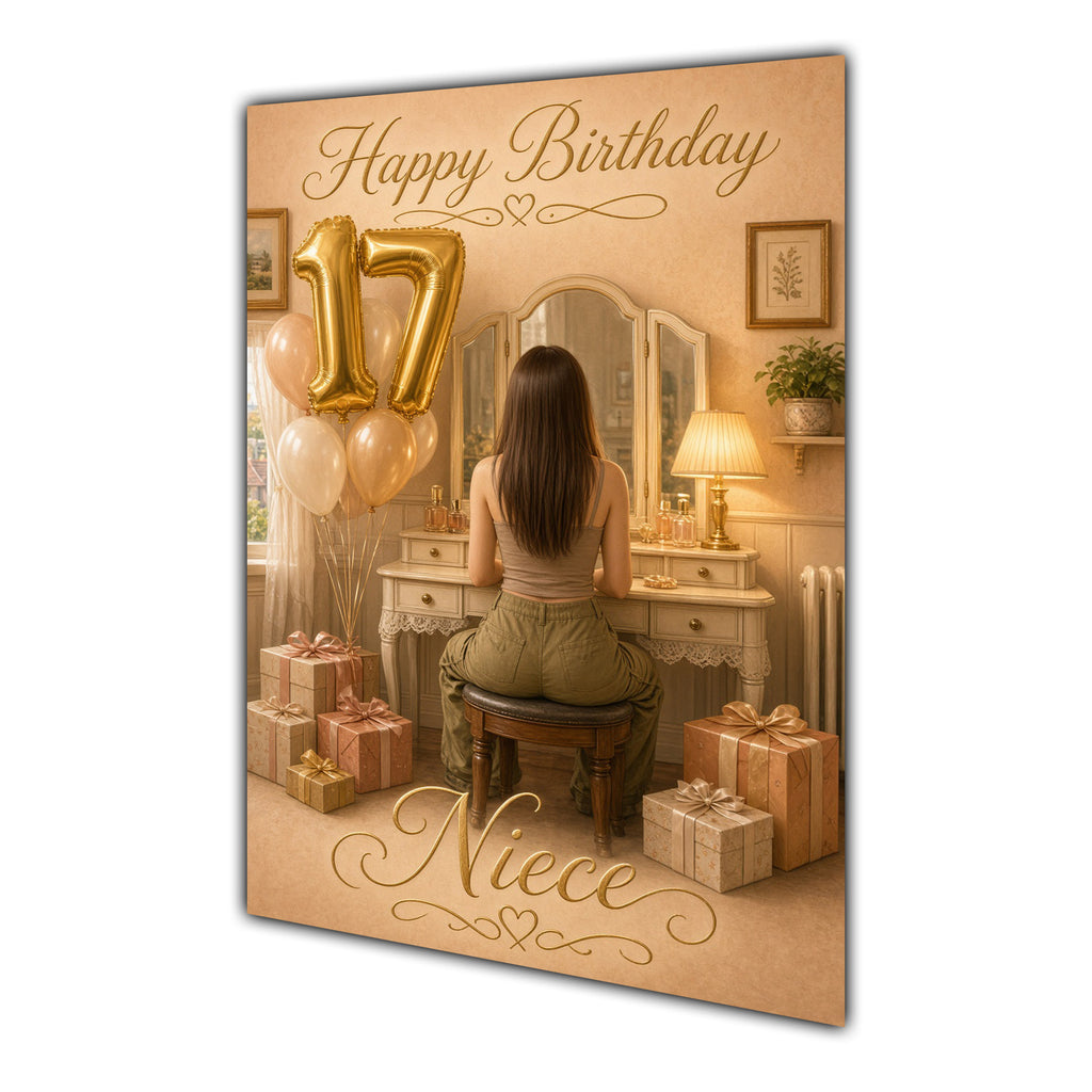 Happy 17th Birthday Peach Gold Vanity Greeting Card A5