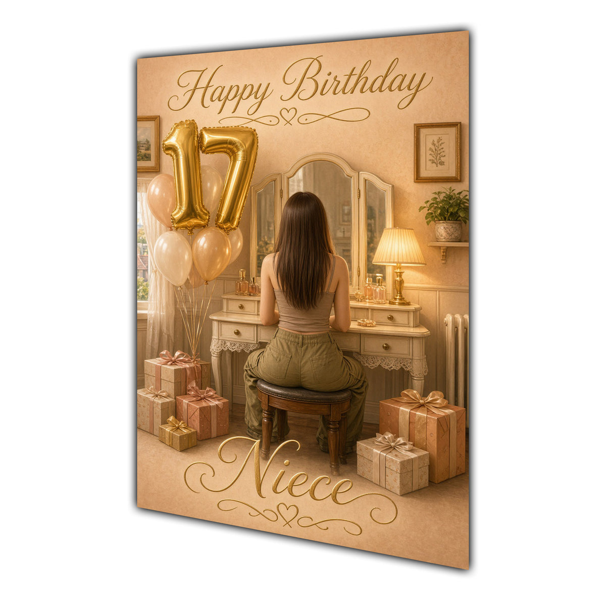 Happy 17th Birthday Peach Gold Vanity Greeting Card A5