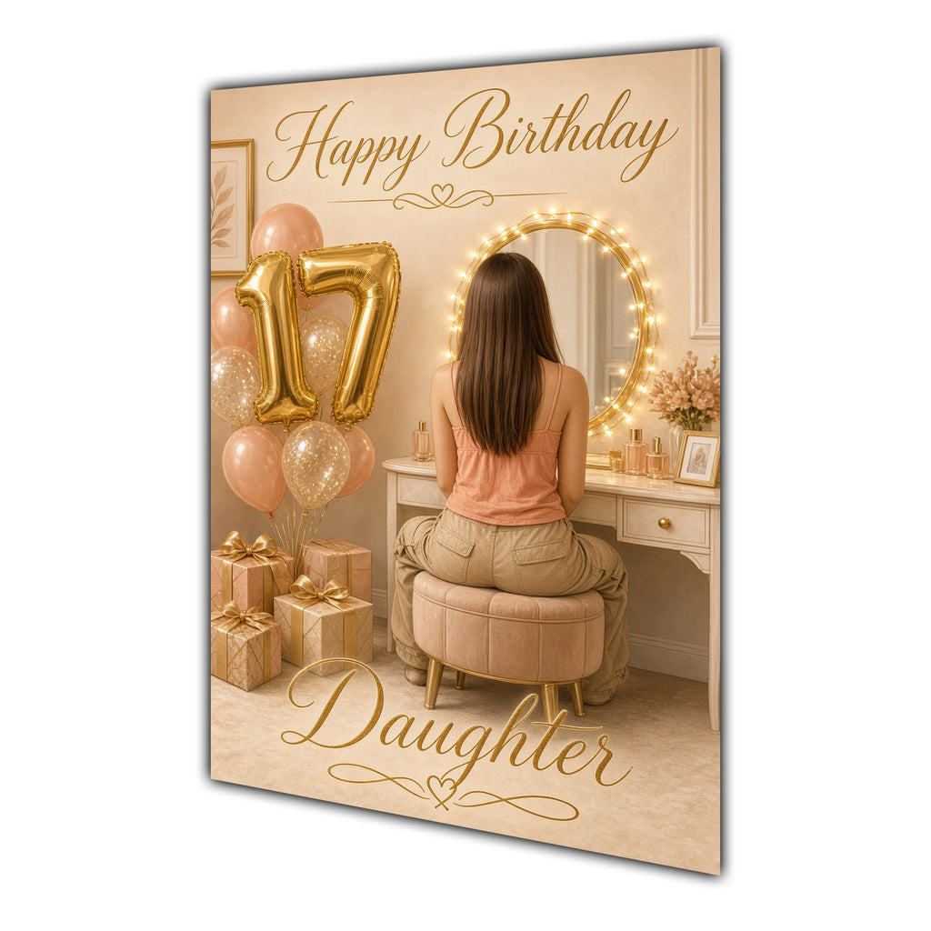 Happy 17th Birthday Peach Gold Vanity Greeting Card A5