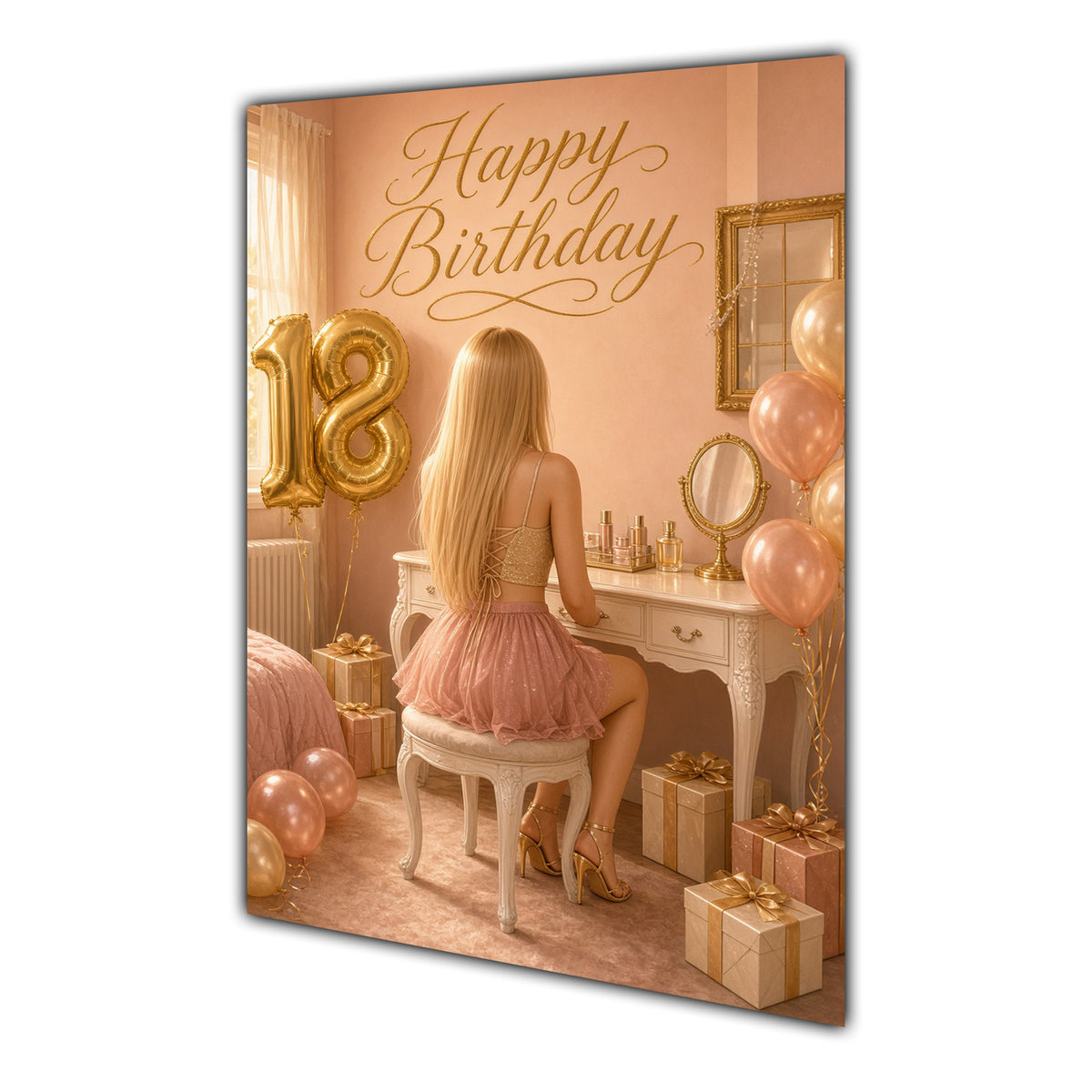 Happy 18th Birthday Peach Gold Vanity Greeting Card A5