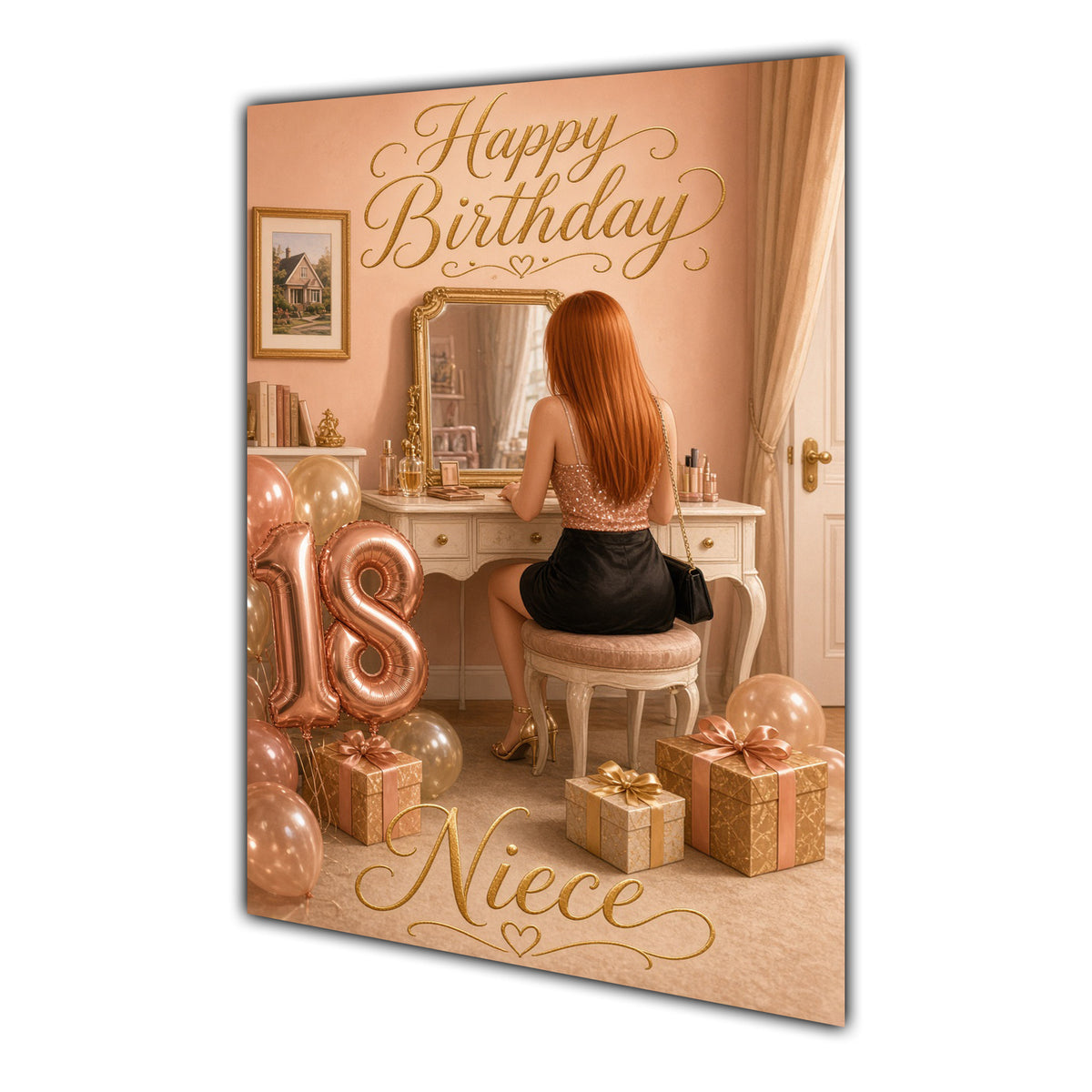 Happy 18th Birthday Peach Gold Vanity Greeting Card A5