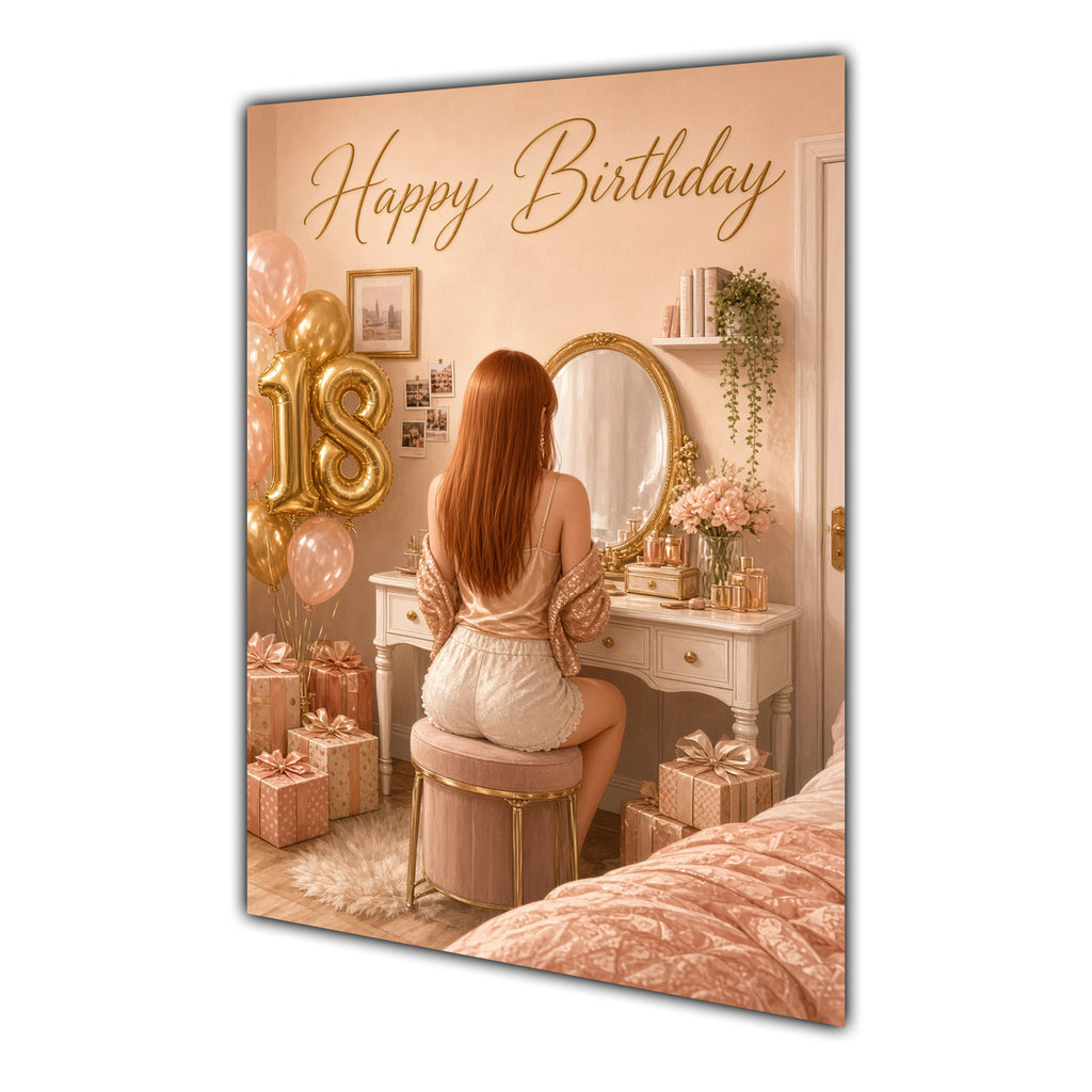 Happy 18th Birthday Peach Gold Vanity Greeting Card A5
