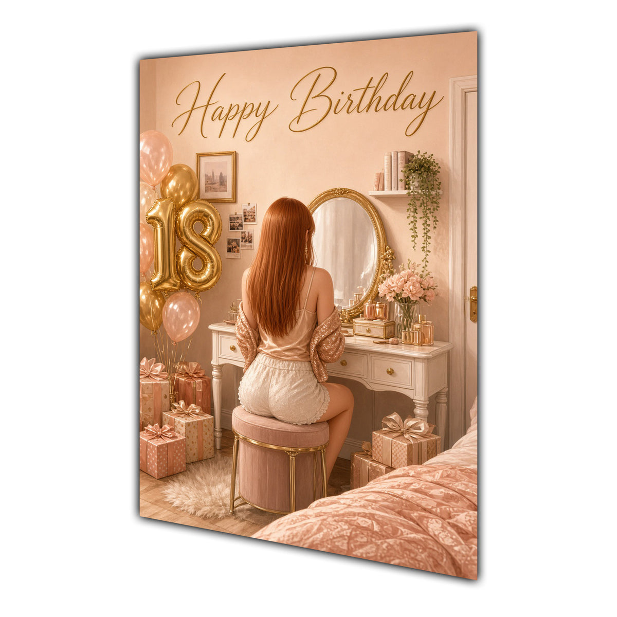Happy 18th Birthday Peach Gold Vanity Greeting Card A5