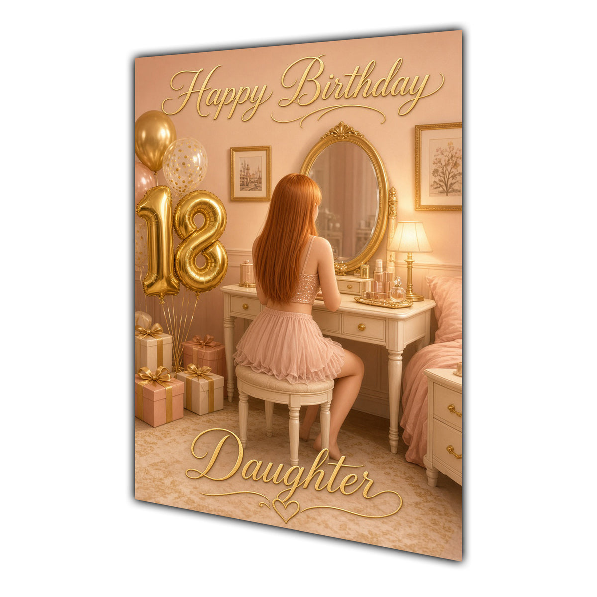 Happy 18th Birthday Peach Gold Vanity Greeting Card A5