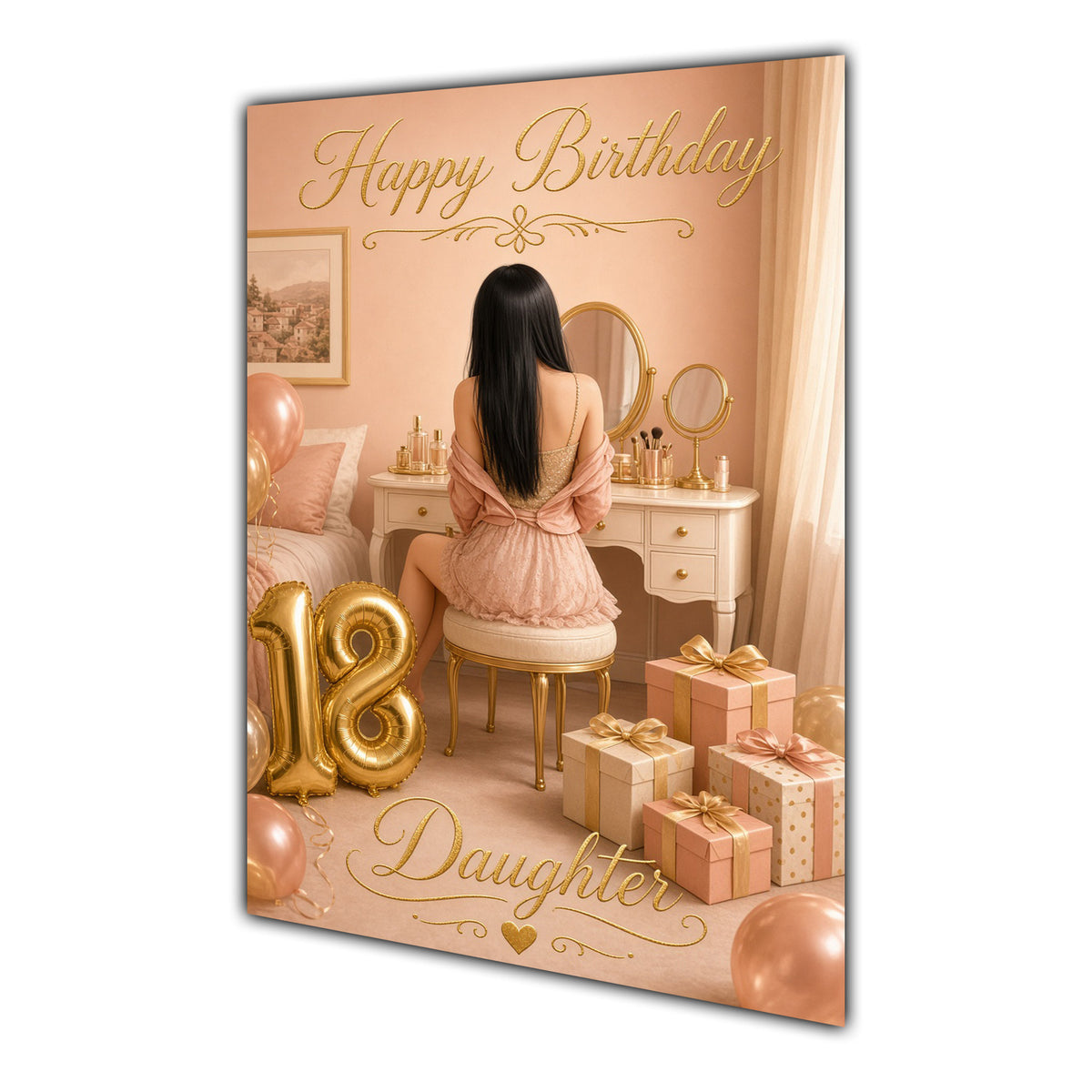 Happy 18th Birthday Peach Gold Vanity Greeting Card A5