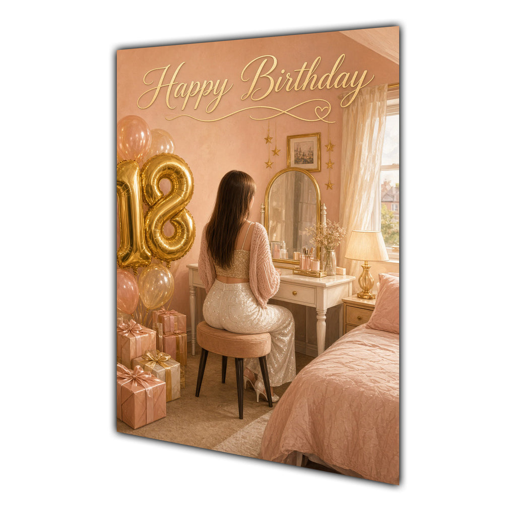 Happy 18th Birthday Peach Gold Vanity Greeting Card A5