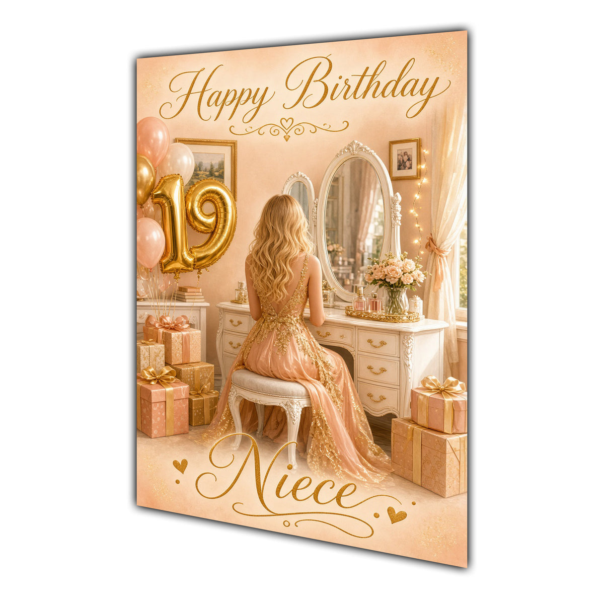 Happy 18th Birthday Peach Gold Vanity Greeting Card A5