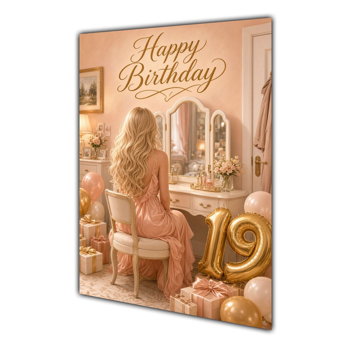 Happy 19th Birthday Peach Gold Vanity Greeting Card A5