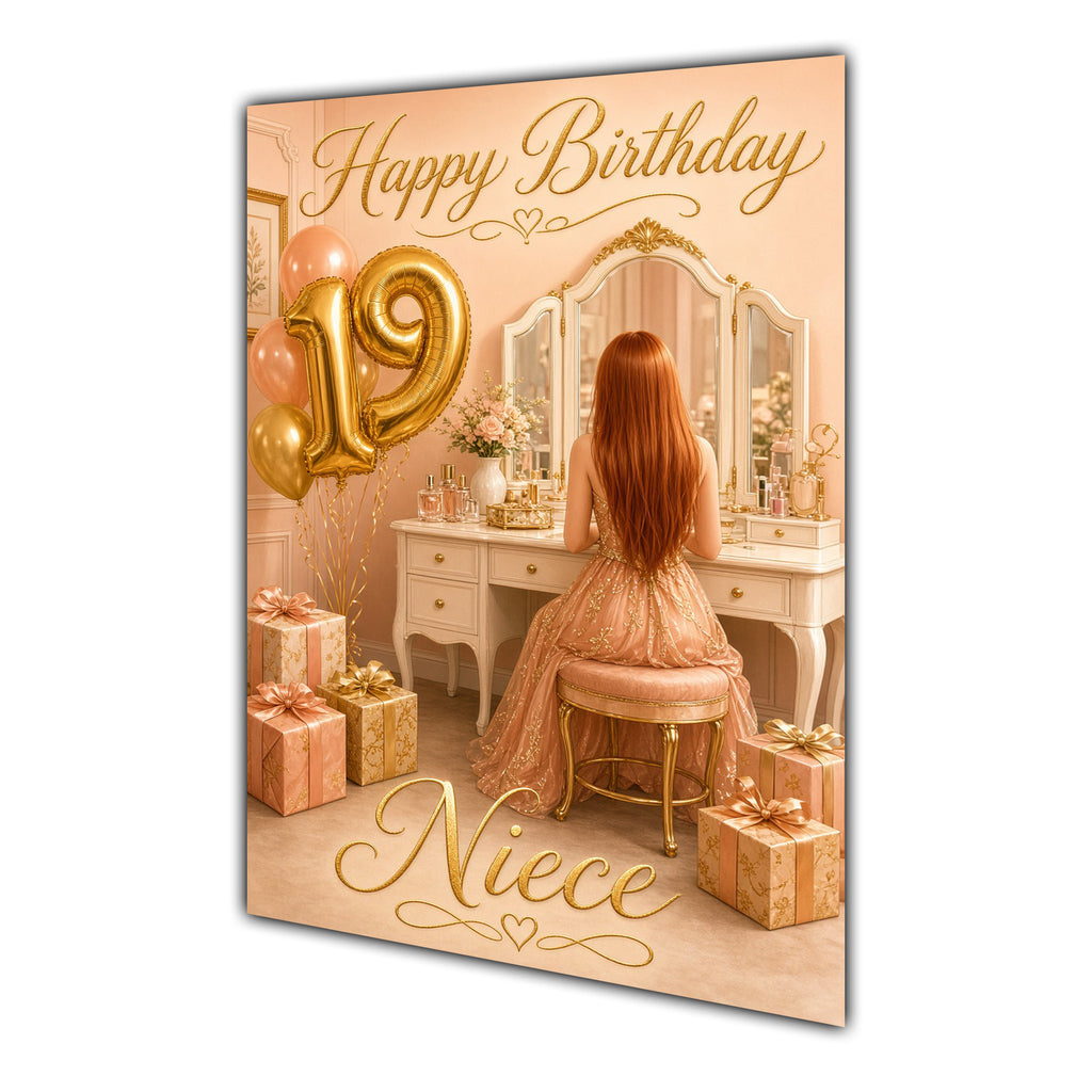 Happy 19th Birthday Peach Gold Vanity Greeting Card A5
