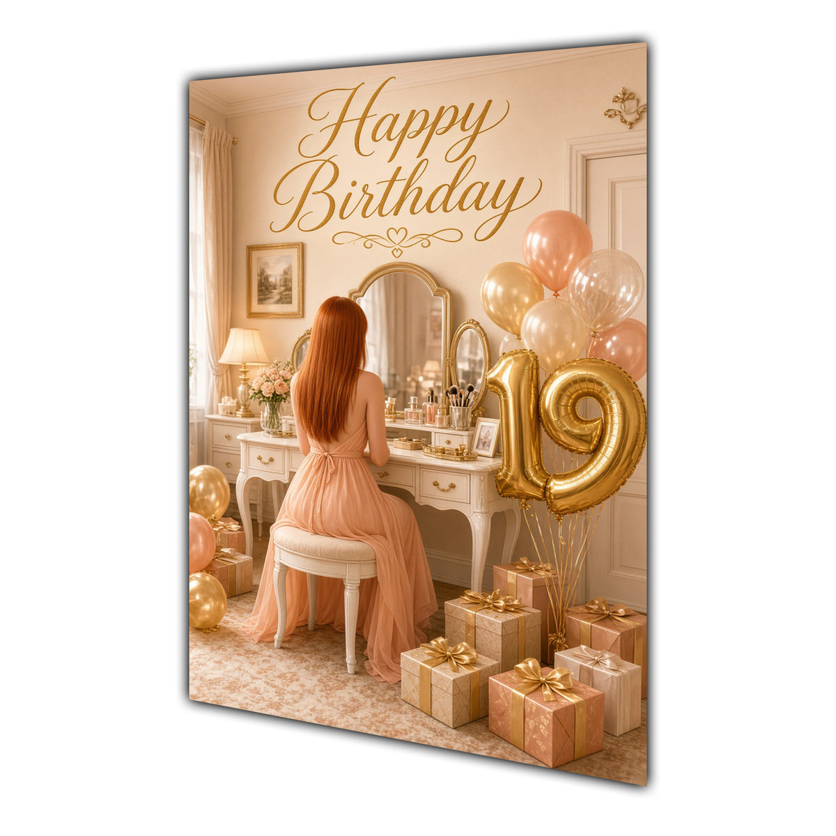 Happy 19th Birthday Peach Gold Vanity Greeting Card A5