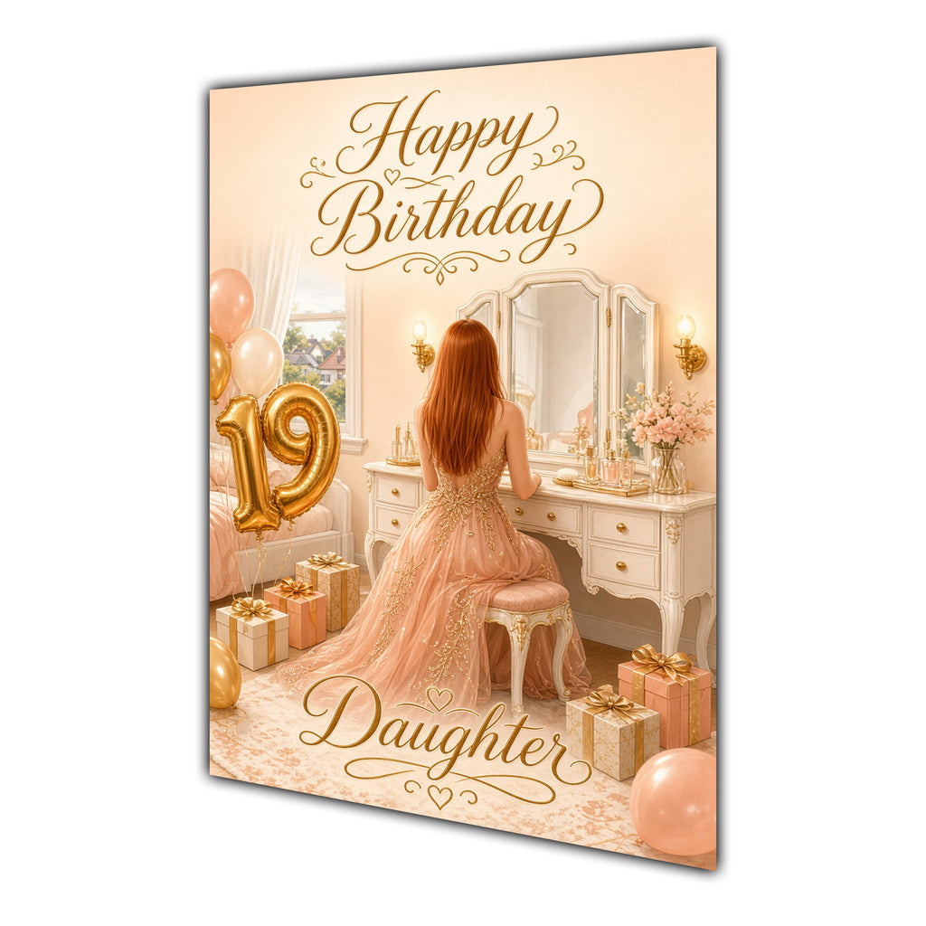 Happy 19th Birthday Peach Gold Vanity Greeting Card A5