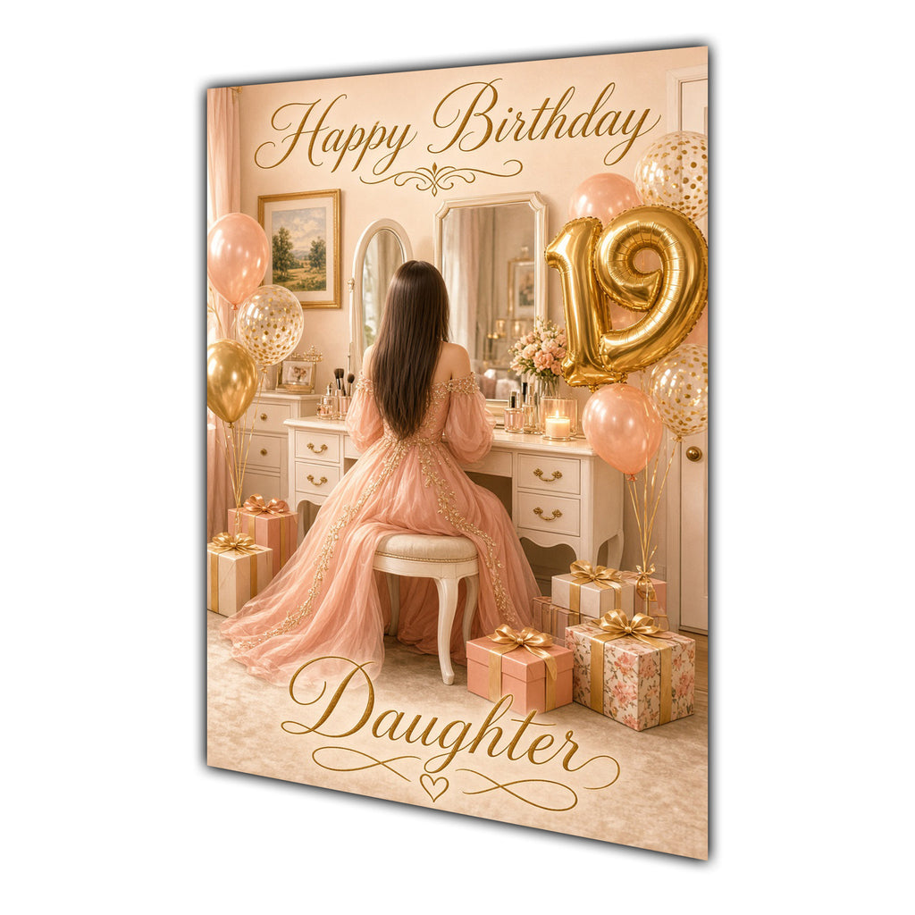 Happy 19th Birthday Peach Gold Vanity Greeting Card A5