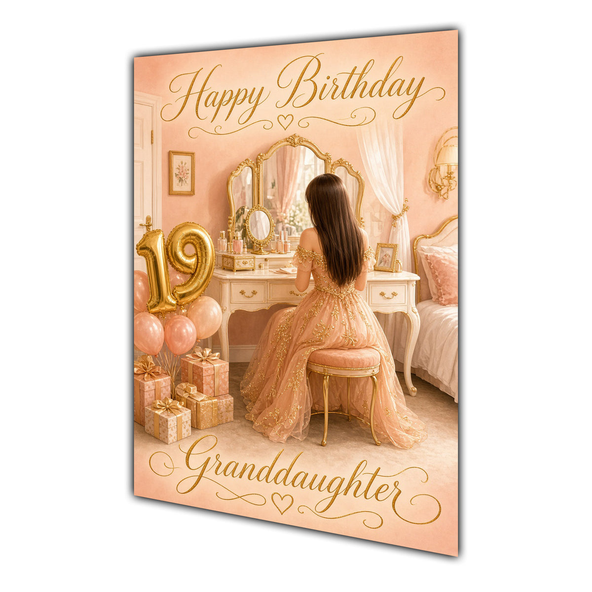 Happy 19th Birthday Peach Gold Vanity Greeting Card A5