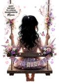 Personalised Birthday Card - Girl on a Flower Swing - Black Hair
