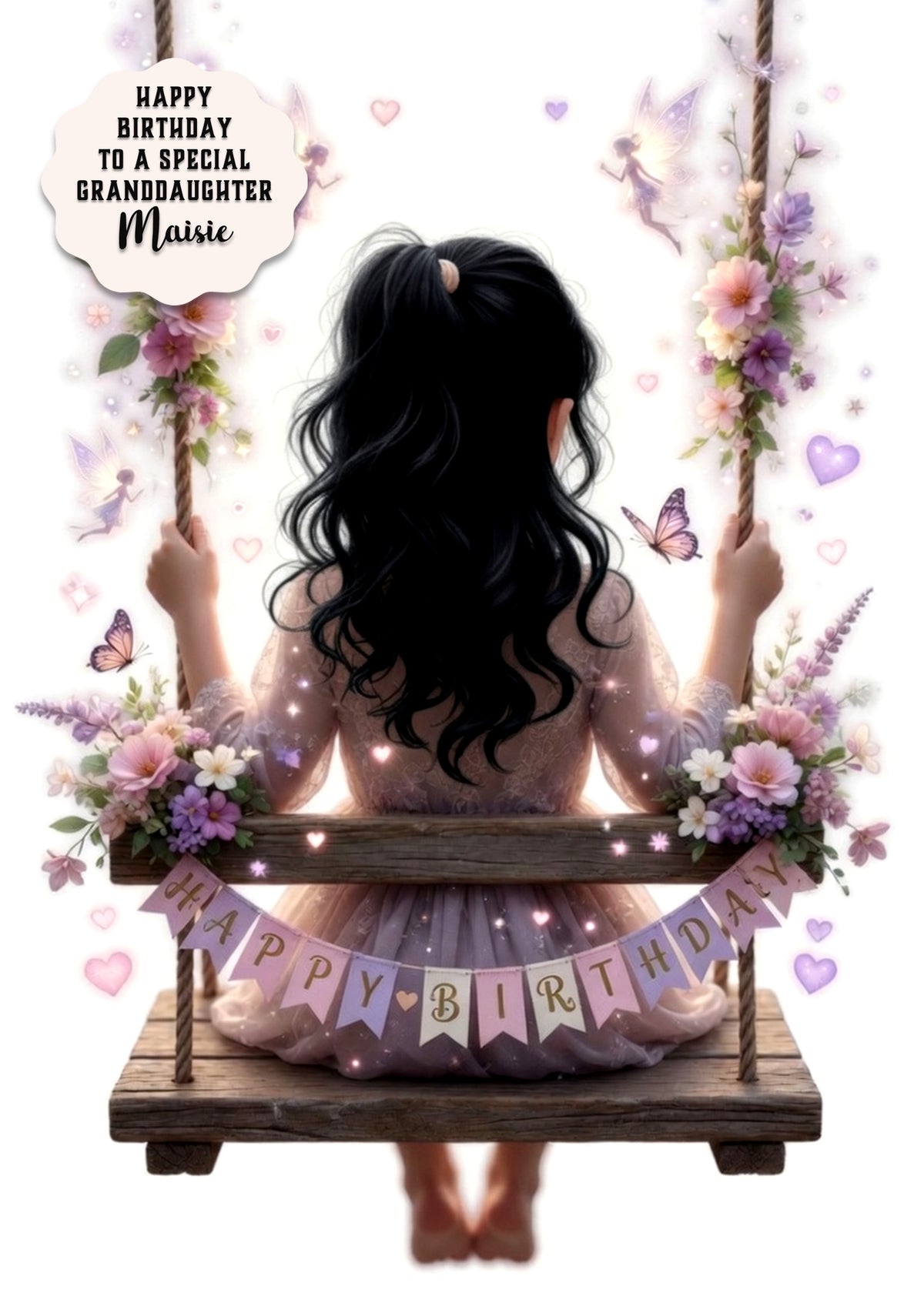 Personalised Birthday Card - Girl on a Flower Swing - Black Hair