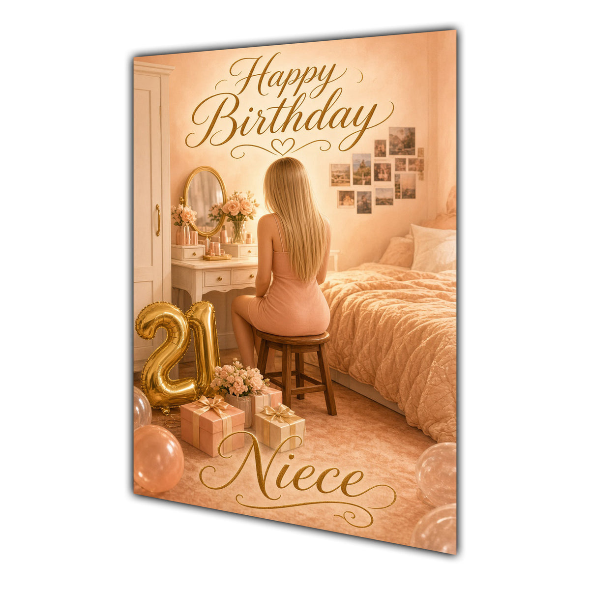 Happy 21st Birthday Peach Gold Vanity Greeting Card A5