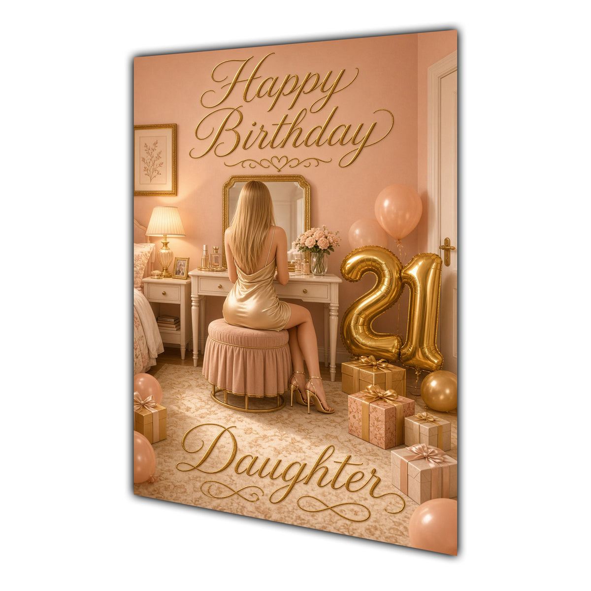 Happy 21st Birthday Peach Gold Vanity Greeting Card A5