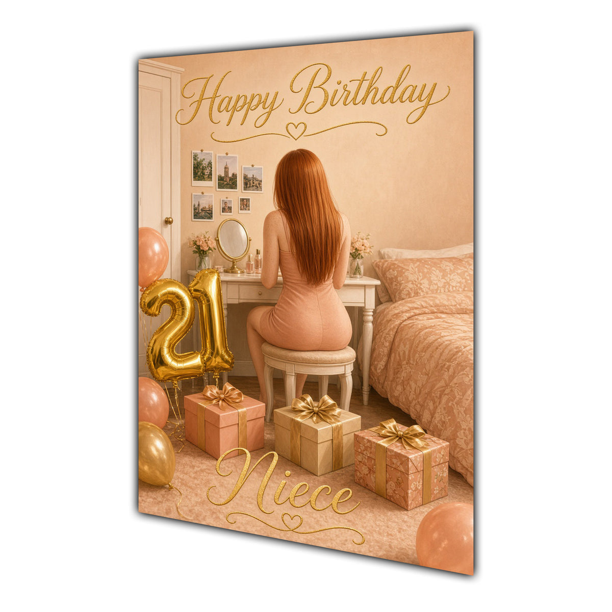 Happy 21st Birthday Peach Gold Vanity Greeting Card A5
