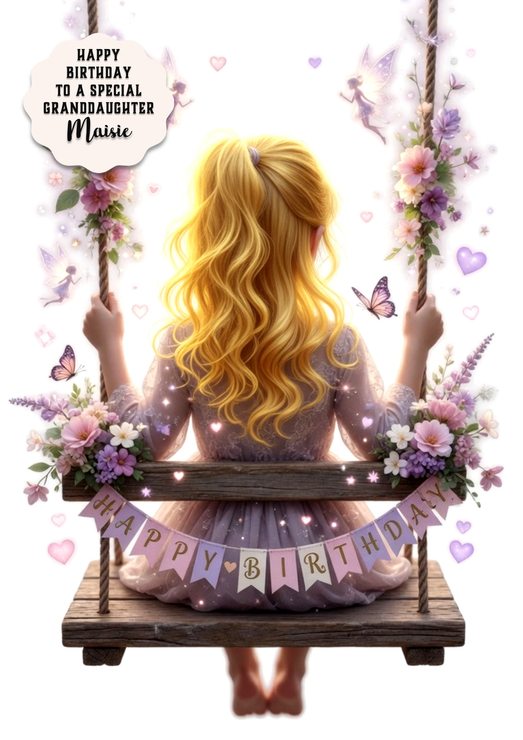 Personalised Birthday Card - Girl on a Flower Swing - Blonde Hair