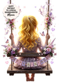 Personalised Birthday Card - Girl on a Flower Swing - Blonde Hair