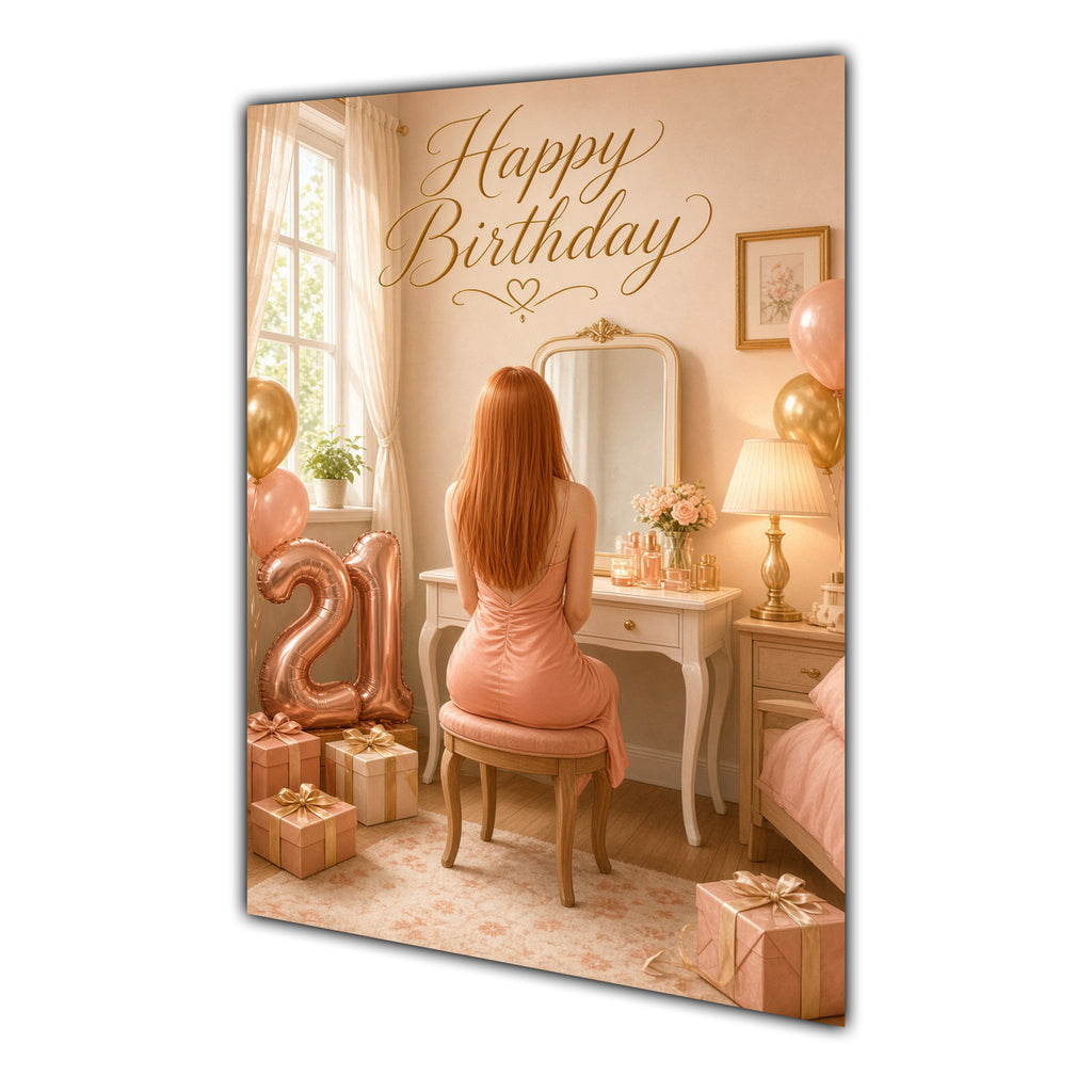 Happy 21st Birthday Peach Gold Vanity Greeting Card A5