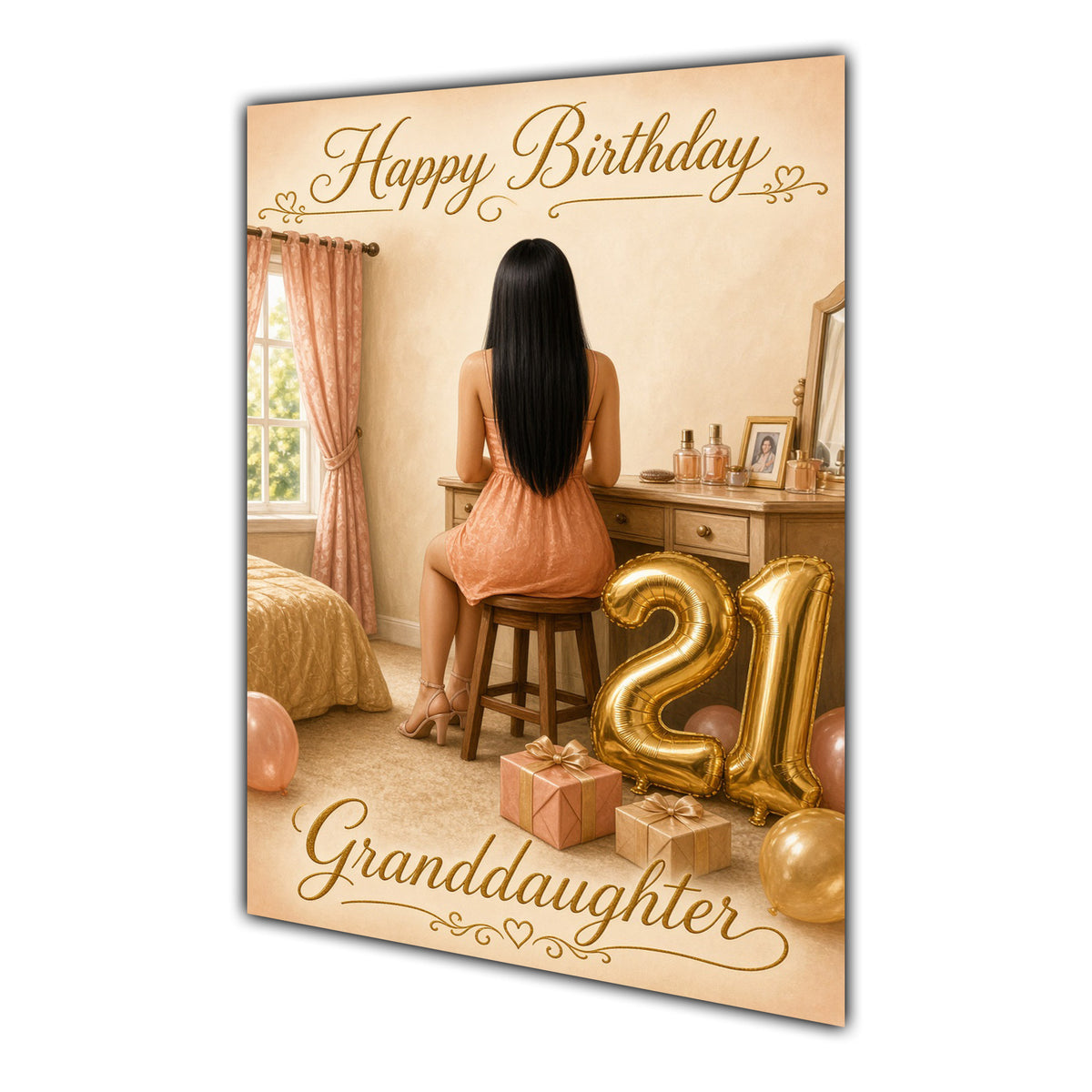 Happy 21st Birthday Peach Gold Vanity Greeting Card A5