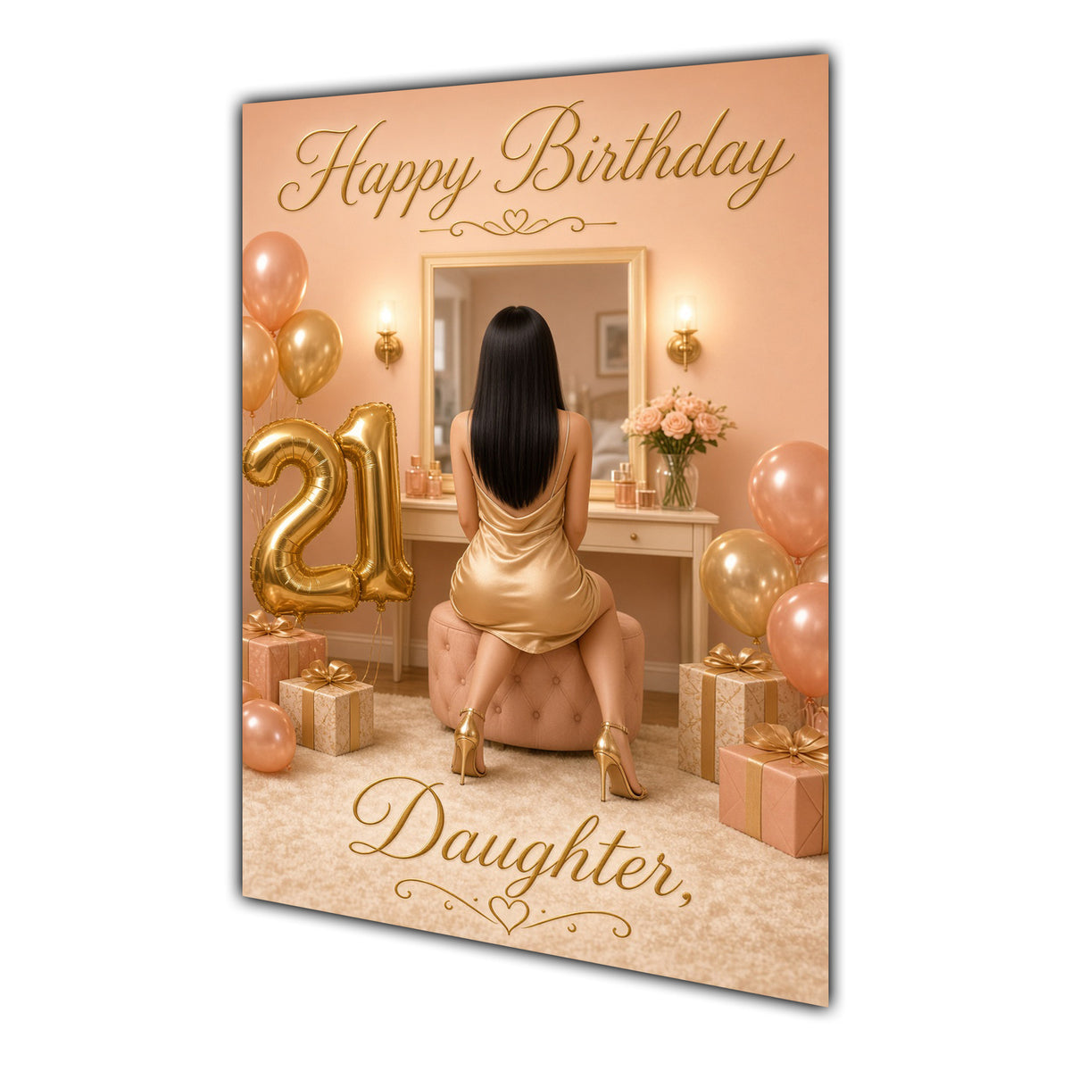 Happy 21st Birthday Peach Gold Vanity Greeting Card A5