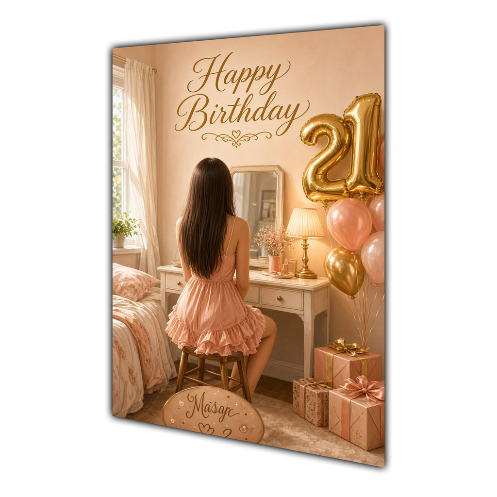 Happy 21st Birthday Peach Gold Vanity Greeting Card A5