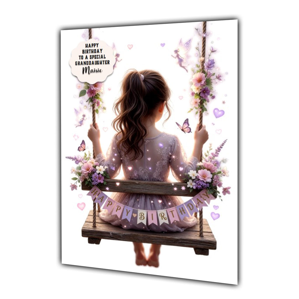Personalised Birthday Card - Girl on a Flower Swing - Brown Hair