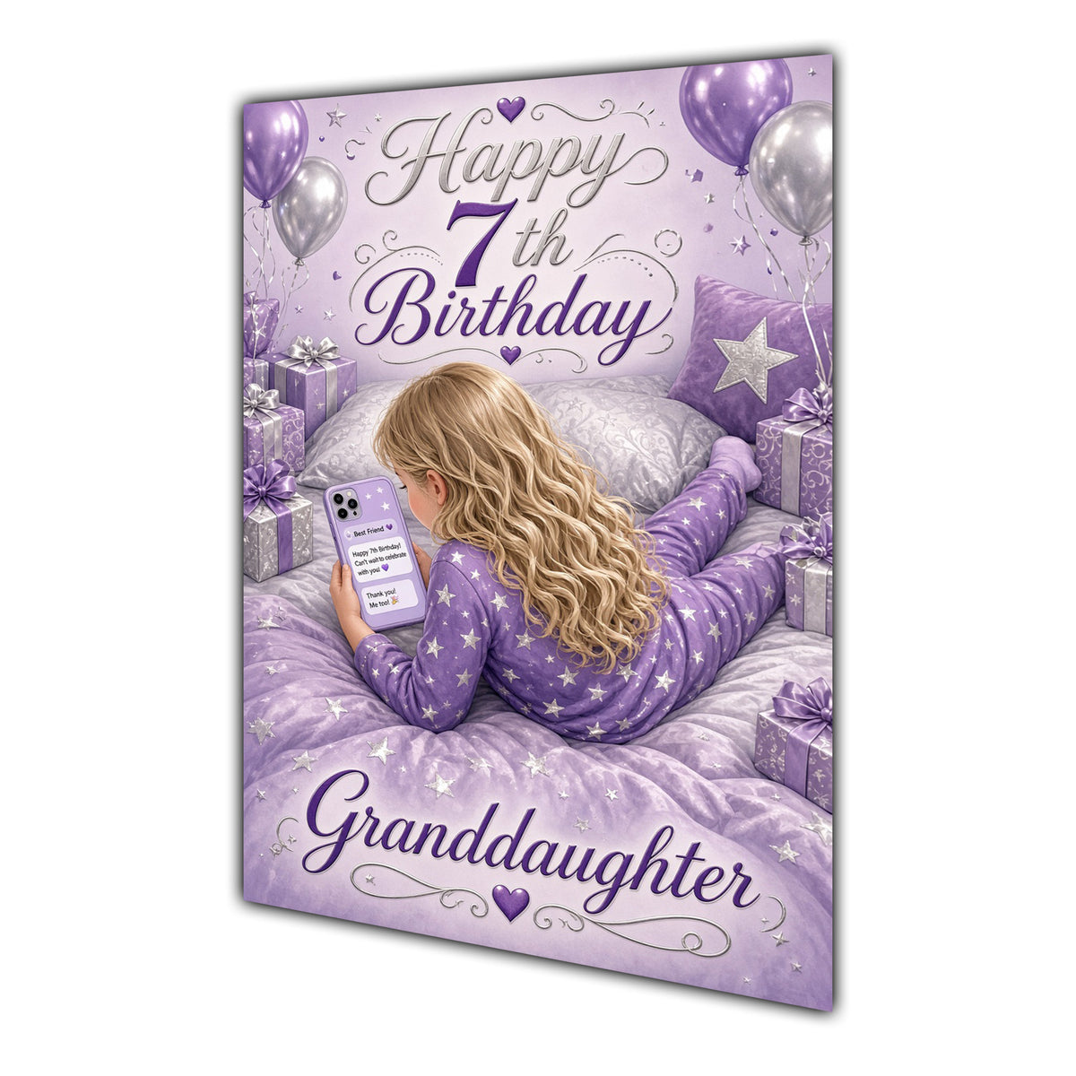 Granddaughter 7th Birthday Card - Girl with Phone in a Purple Birthday Room