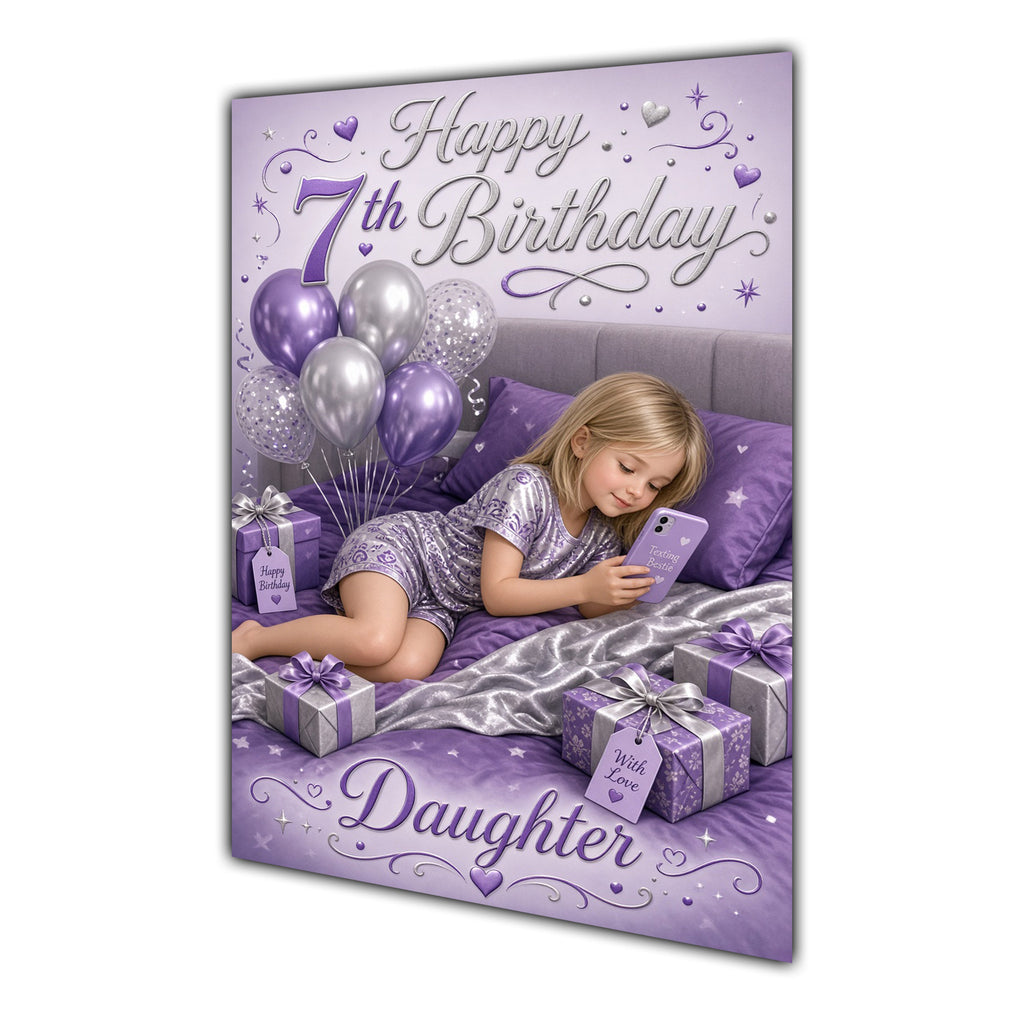 Daughter 7th Birthday Card - Girl with Phone in a Purple Birthday Room