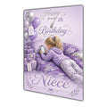 Niece 7th Birthday Card - Girl with Phone in a Purple Birthday Room