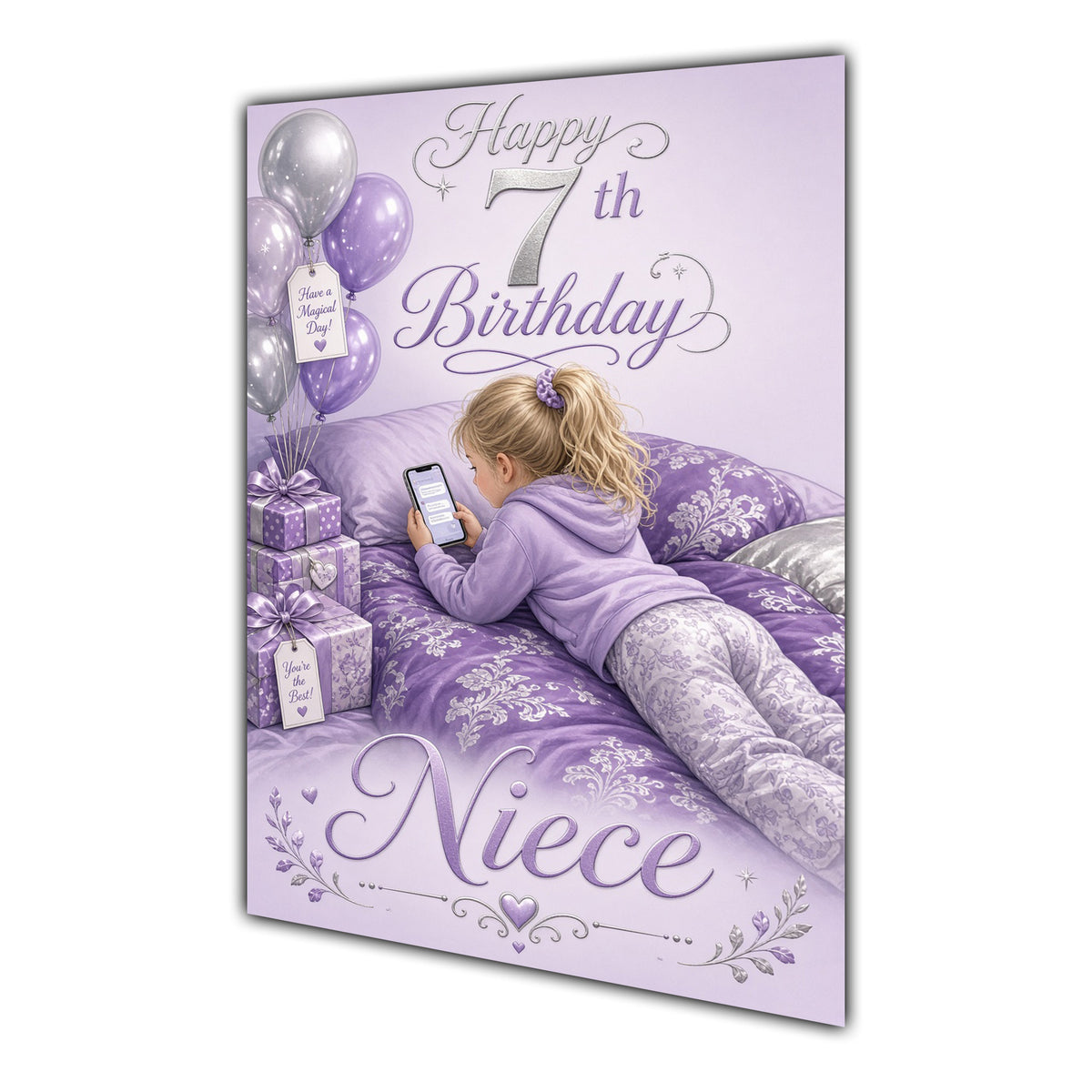 Niece 7th Birthday Card - Girl with Phone in a Purple Birthday Room