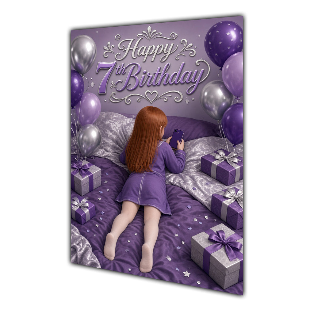 7th Birthday Card - Girl with Phone in a Purple Birthday Room