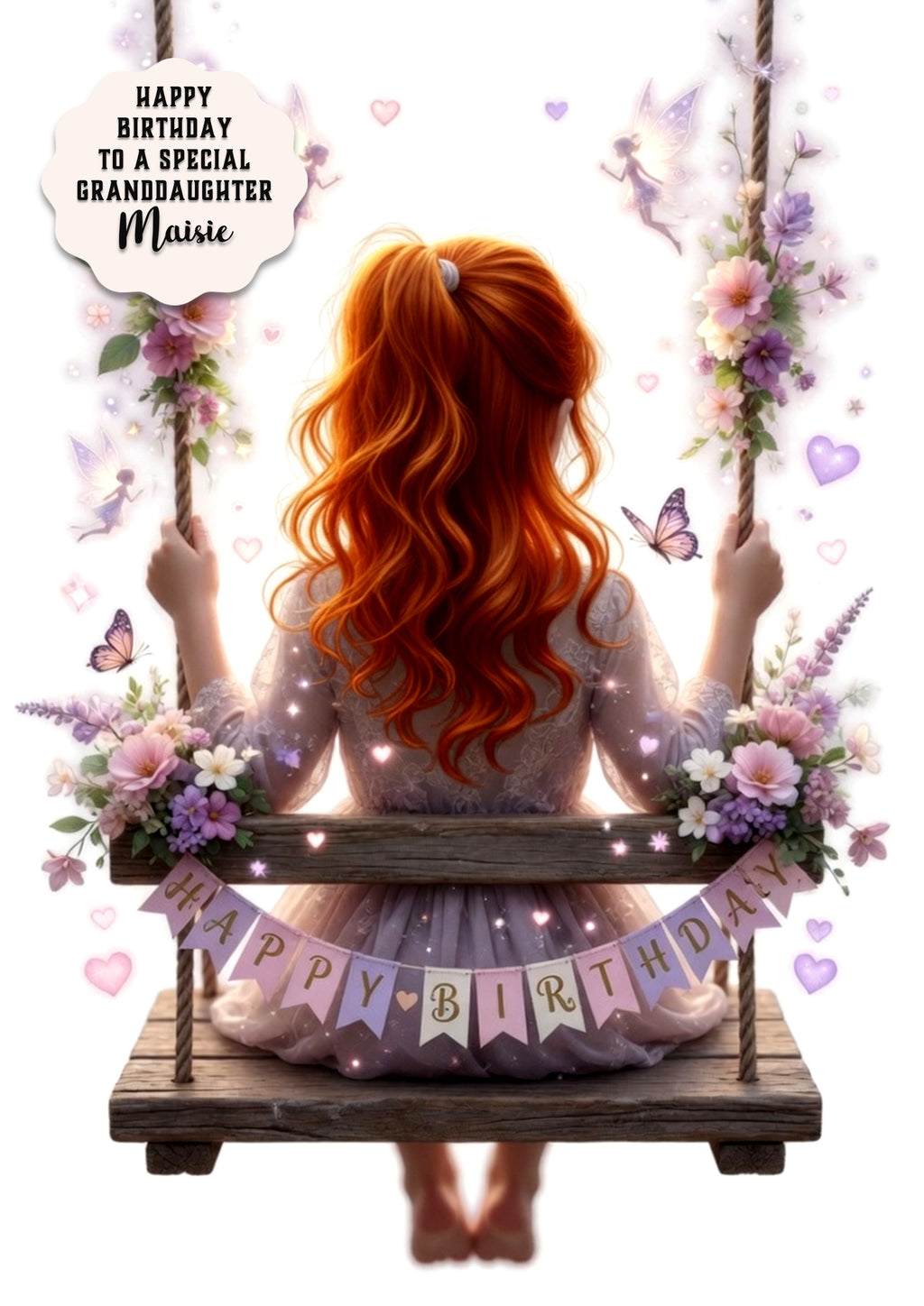 Personalised Birthday Card - Girl on a Flower Swing - Ginger Hair
