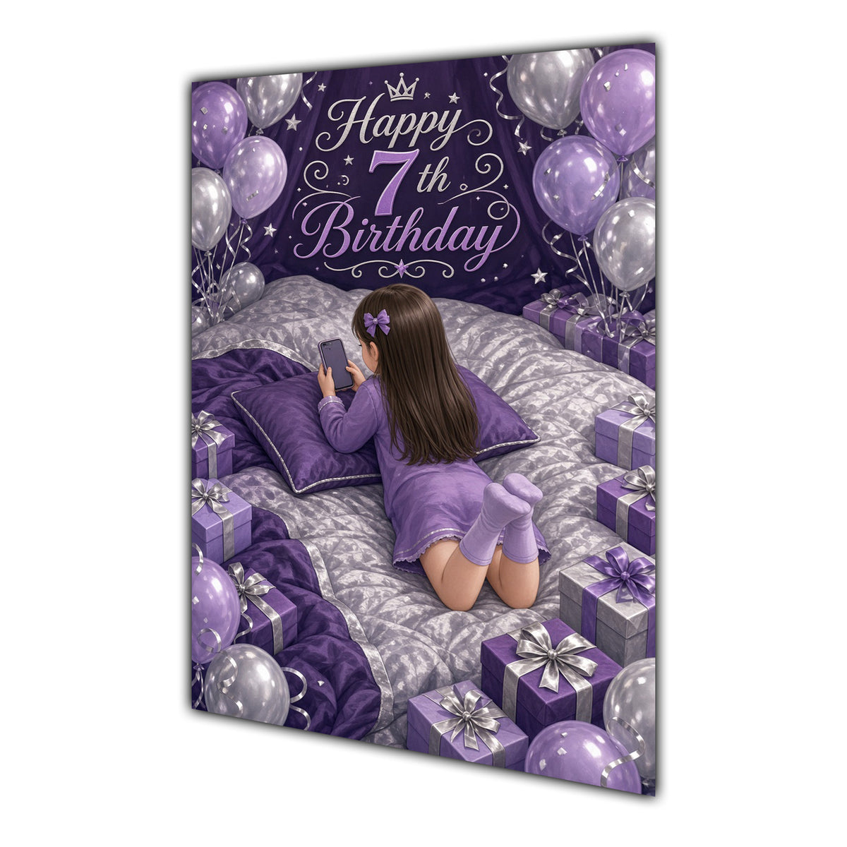 7th Birthday Card - Girl with Phone in a Purple Birthday Room
