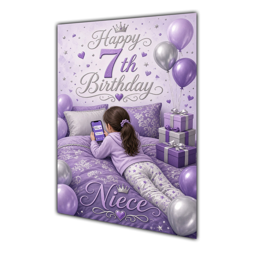 Niece 7th Birthday Card - Girl with Phone in a Purple Birthday Room