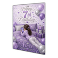 Niece 7th Birthday Card - Girl with Phone in a Purple Birthday Room