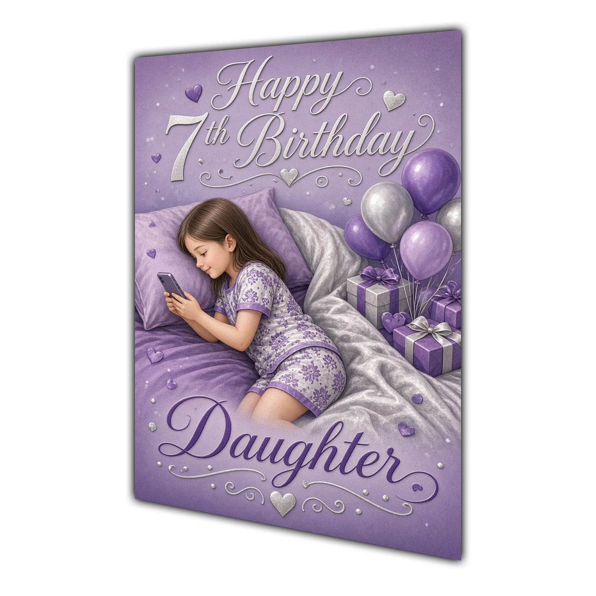 Daughter 7th Birthday Card - Girl with Phone in a Purple Birthday Room
