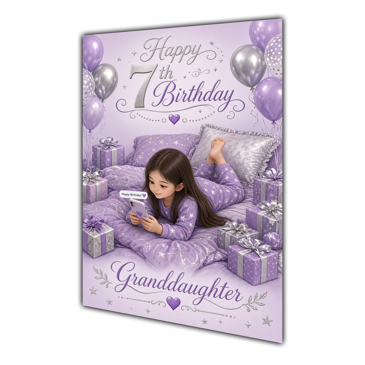 Granddaughter 7th Birthday Card - Girl with Phone in a Purple Birthday Room